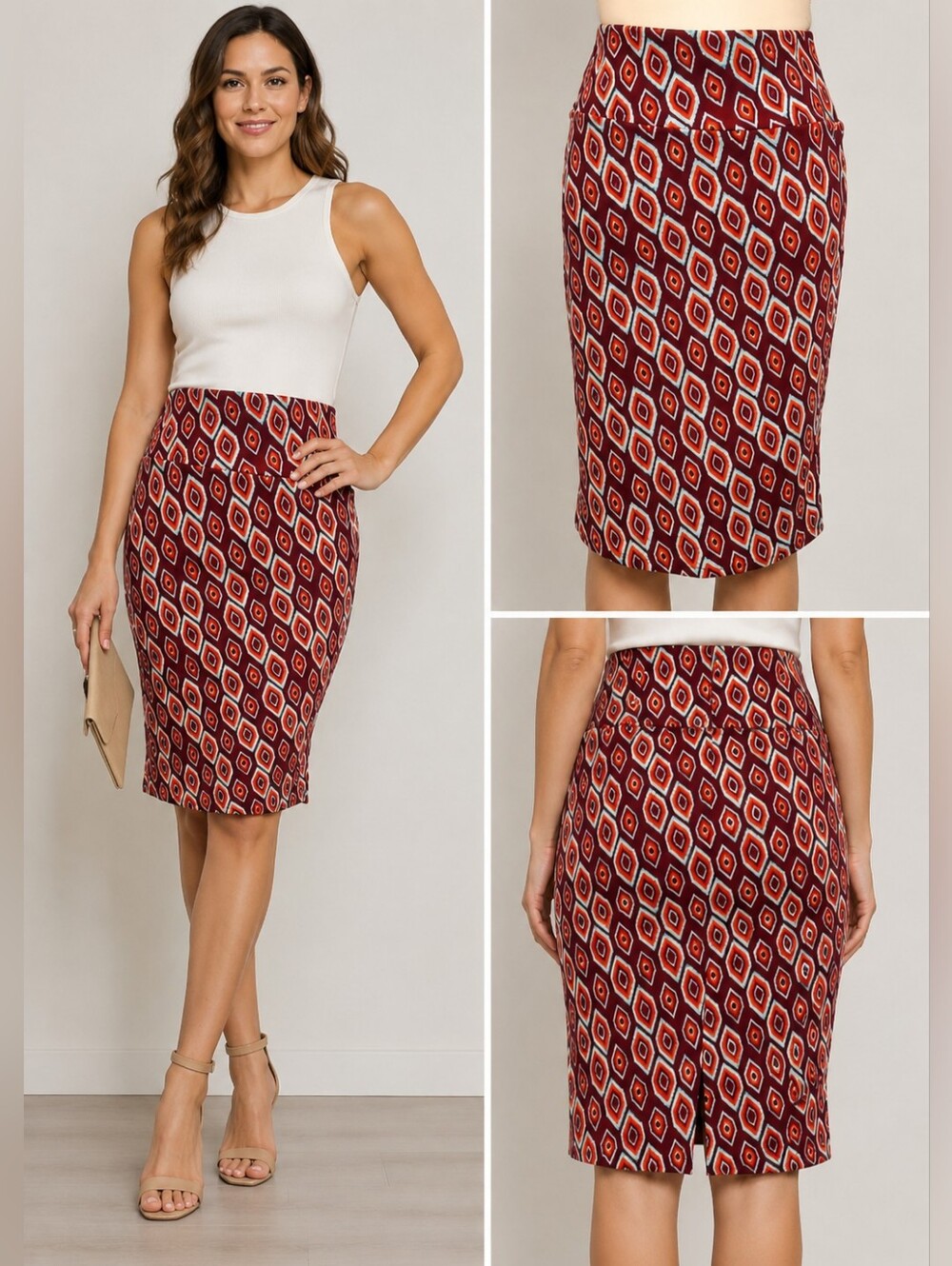 LuLaRoe Cassie Maroon Abstract Pencil Skirt Small, NWT